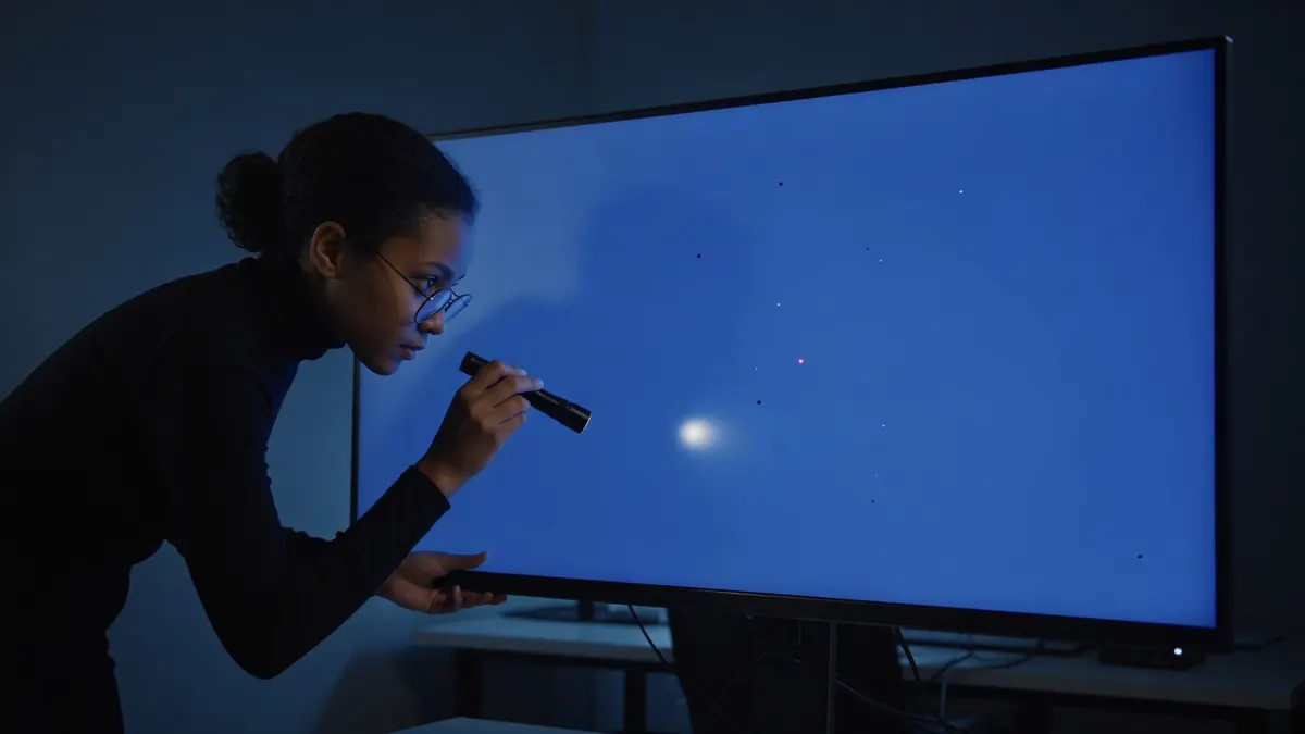 Person scanning a fullscreen color field for stuck or dead pixels