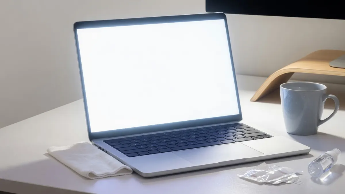 Fullscreen pure white screen on a laptop used for lighting and screen cleaning