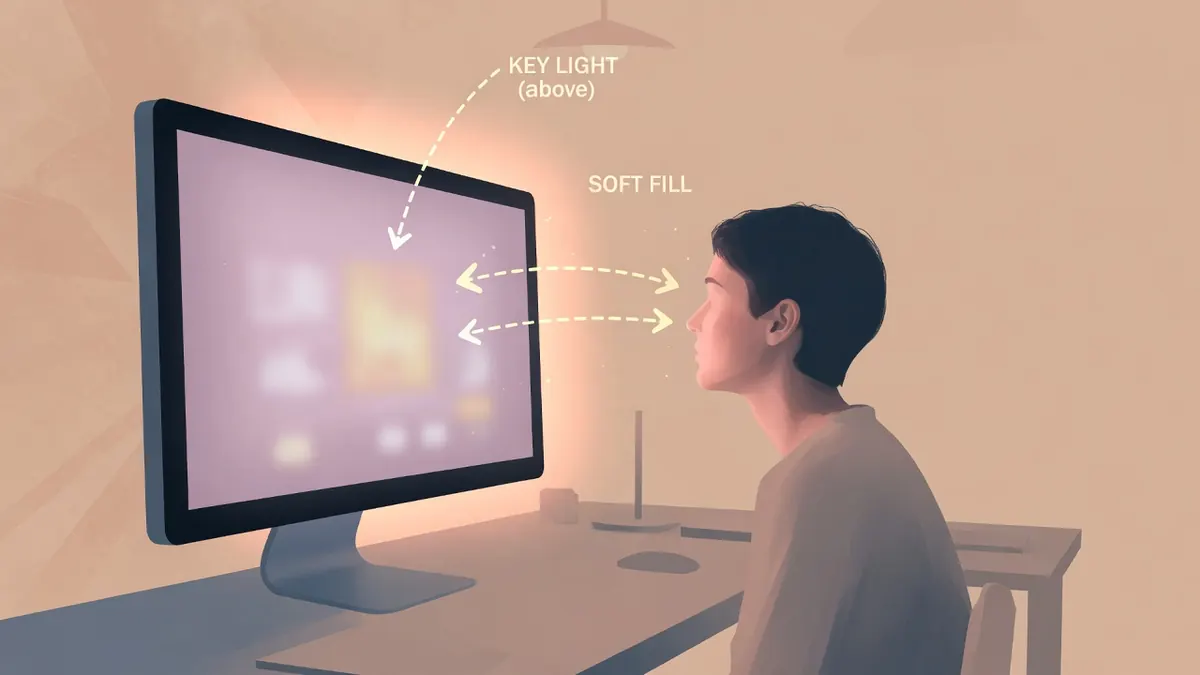 Diagram-style illustration of monitor placement as soft fill light facing a person on a video call